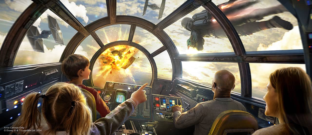 Mandalorian and Grogu on the Millennium Falcon ride